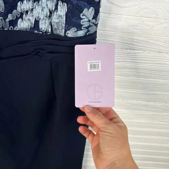 JS Collections Blue Ribbon and Lace Crepe Midi Dress V Back Short Sleeve 14 - Picture 10 of 16